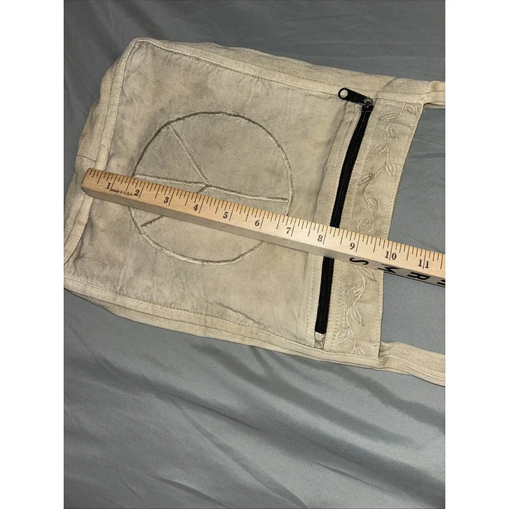 Flying High Foot Path Trading Co Messenger Bag Zip Beige Peace Sign Embroidery